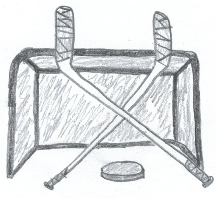 Desenho a lápis de uma baliza de hóquei com dois sticks cruzados e um disco à frente